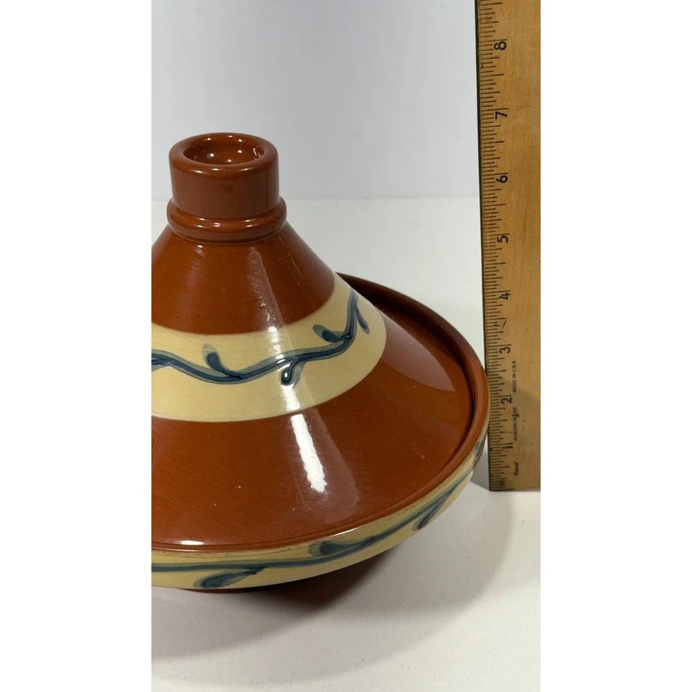 BIA Cordon Bleu BOLA Tagine Pot Portugal Glazed Ceramic Terracotta Blue Vine 9in